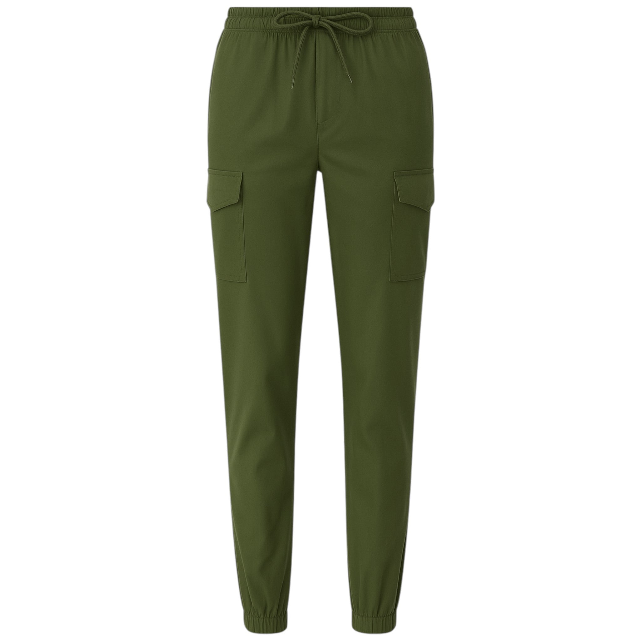 Ladies high quality stretch cargo trousers in khaki green with elastic waistband, drawstring tie, and side pockets